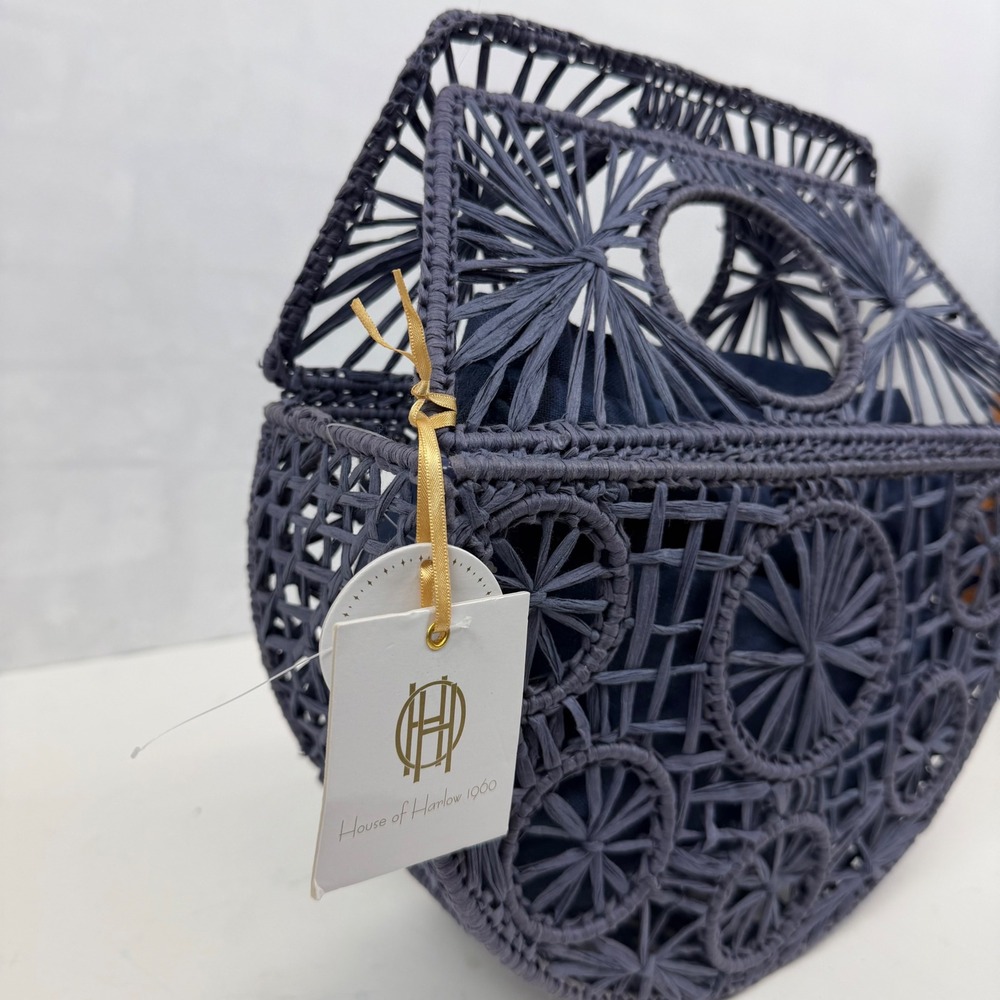 House of Harlow 1960 Navy Woven Cutout Basket Top Handle Bag‎ Lined NWT - Picture 2 of 9